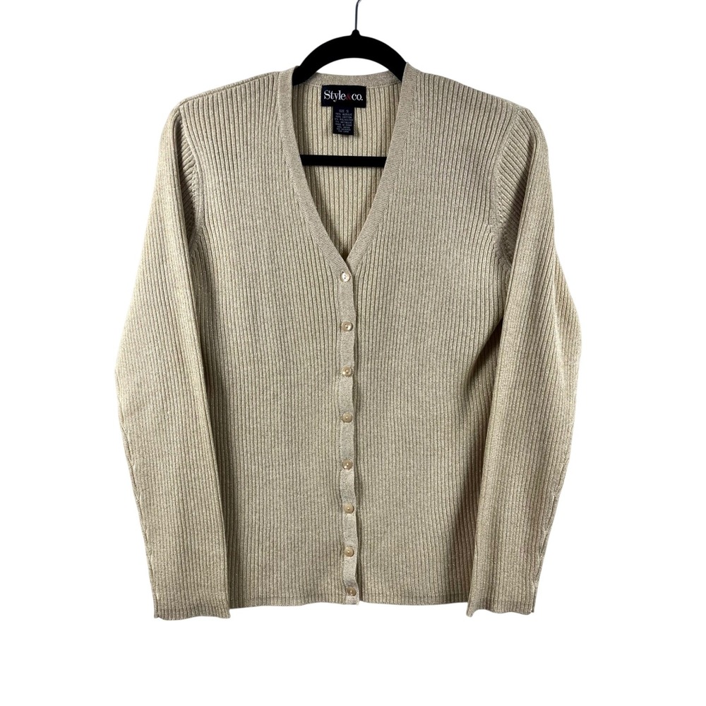 Style & Co. Gold Metallic Ribbed Cardigan Sweater Women's Size Small Button Up